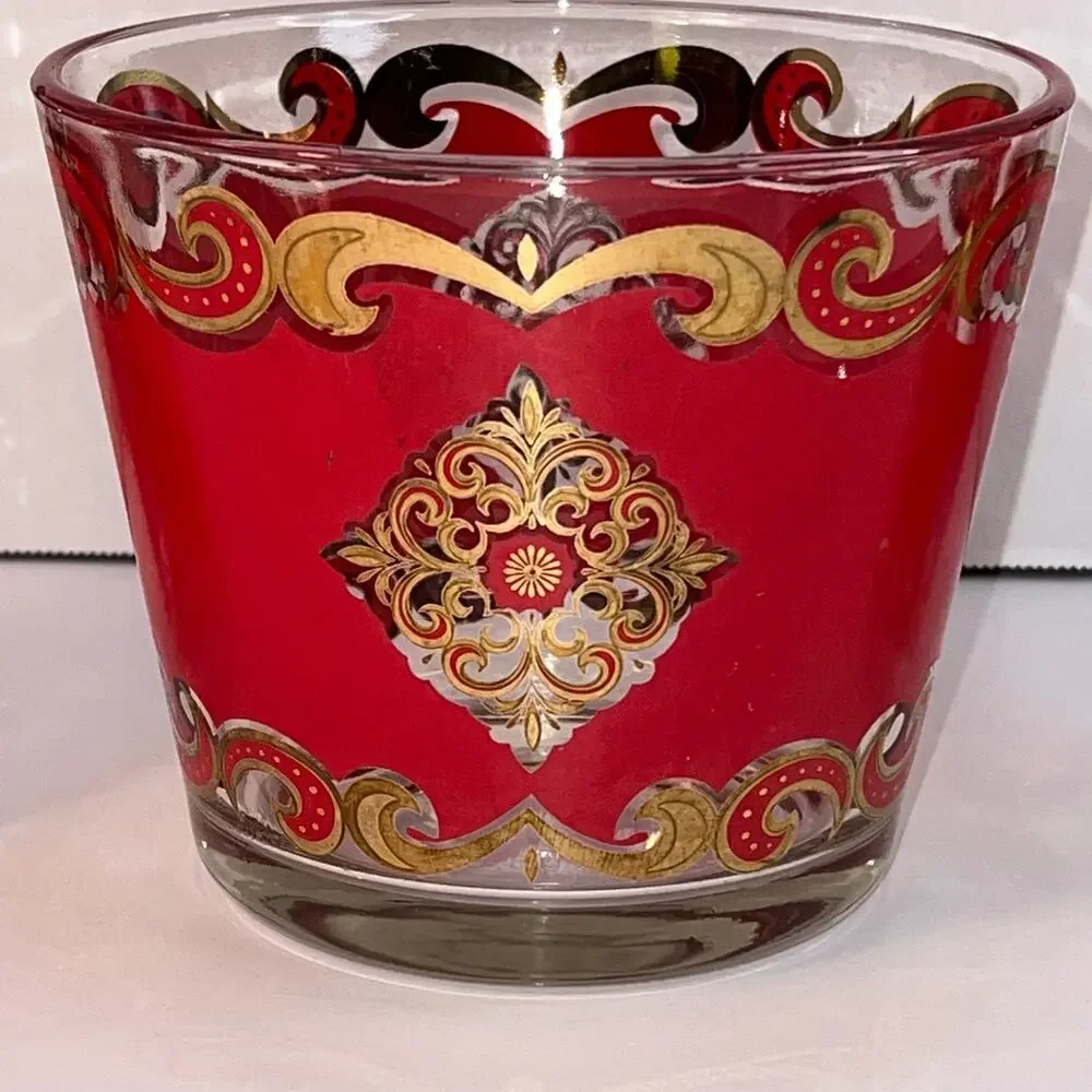 Starlyte Culver Red & 24K Gold Baroque Medallion Cocktail Ice Bucket & 2 Gasses